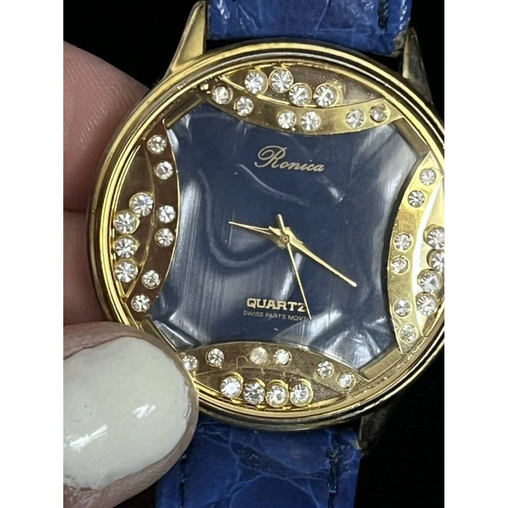 Ronica Gold Rhinestone Watch Blue Leather New Battery